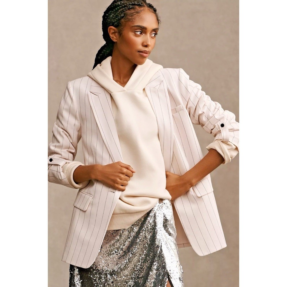 Anthropologie Maeve Striped Roll-Sleeve Blazer Size 16P White‎